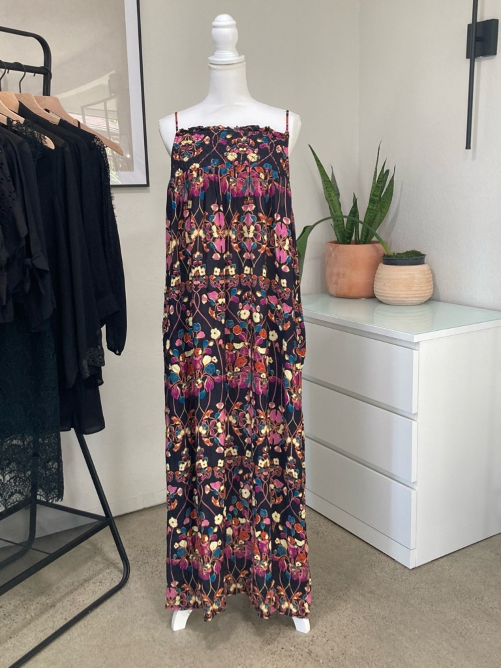 Anthropologie Black Floral Maxi Dress Size XL Boho Chic